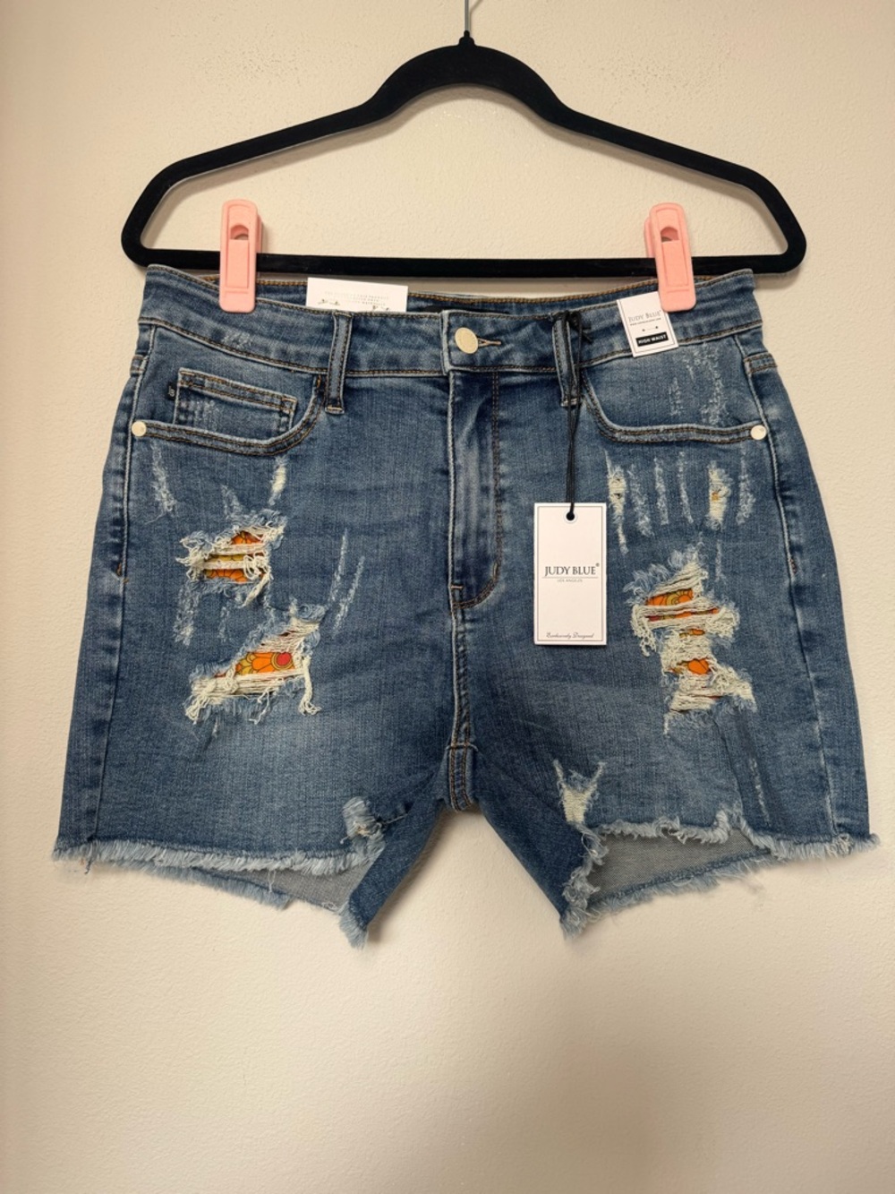 Judy Blue Distressed Mid Blue Denim Jean Shorts with Orange Patch Detail